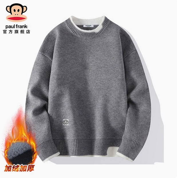 PaulFrank/大嘴猴加绒假两件毛衣男春秋高级感慵懒风打底针织衫男